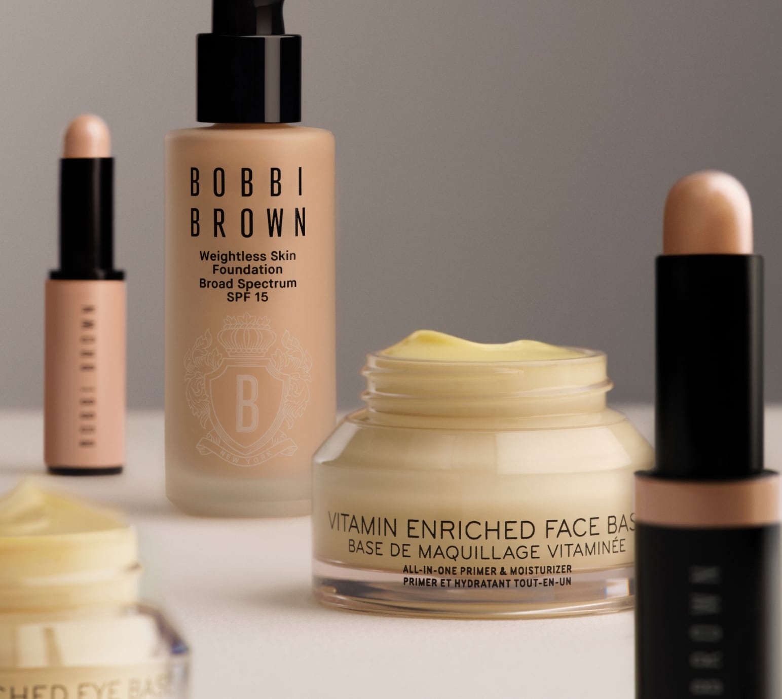 Multiple Vitamin Enriched Skin Tints dynamically placed next to our bestselling Vitamin Enriched Face Base