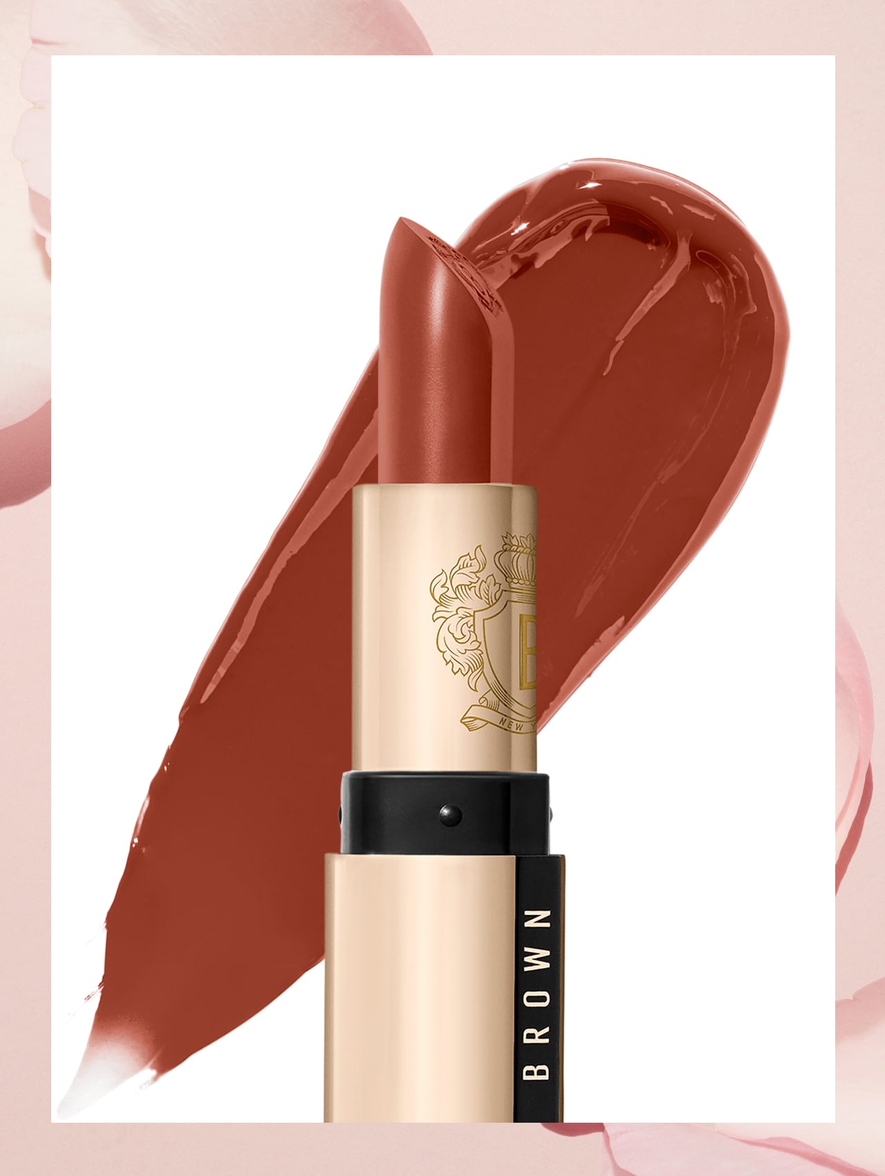 Imagine containing step 5 model applying lipstick, smiling while looking into compact Bobbi Brown mirror